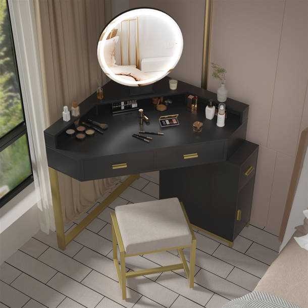 17 Stories Corner Vanity Desk with Lighted Mirror and Stool Wayfair